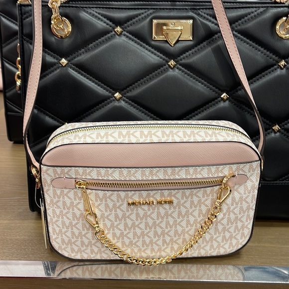 Michael Kors Jet Set Item Large East West Zip Chain Crossbody Optic White/Rsgld - Picture 15 of 16